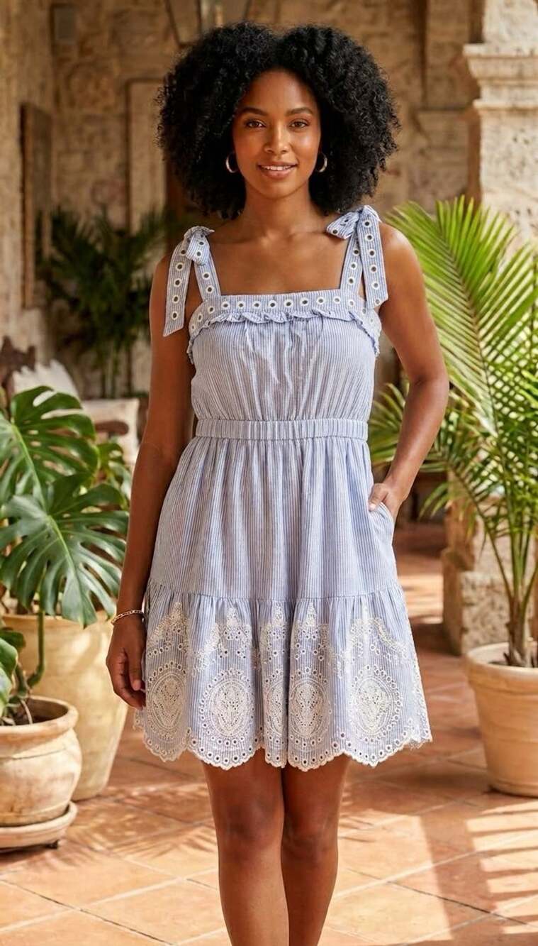 Mi Ami for Francesca's Dress Size S Blue White Striped Eyelet Tiered